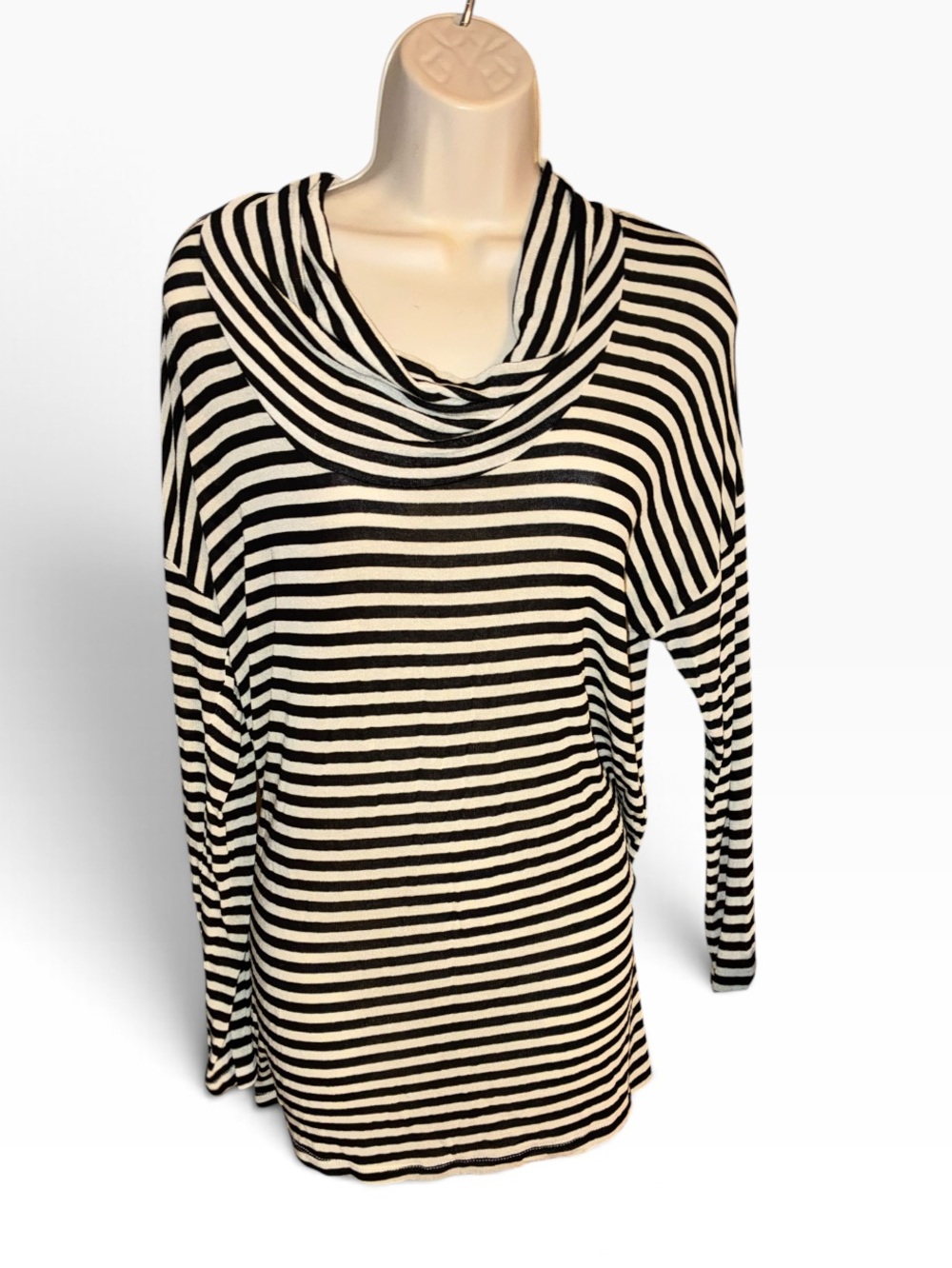 bobeau Black & White Striped Cowl Neck Sweater